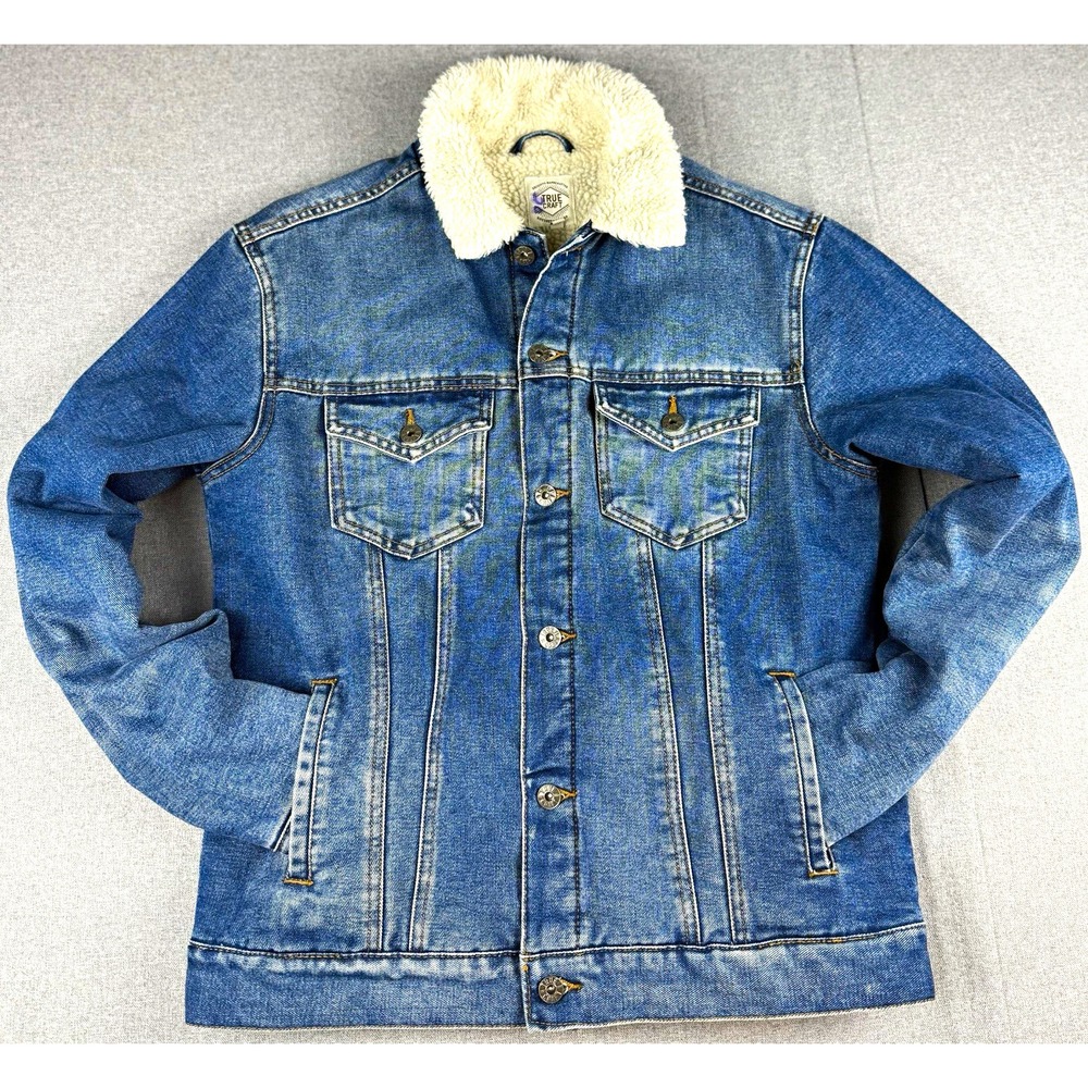 True Craft Sherpa Lined Denim Trucker Jacket Mens Small Blue Button Front